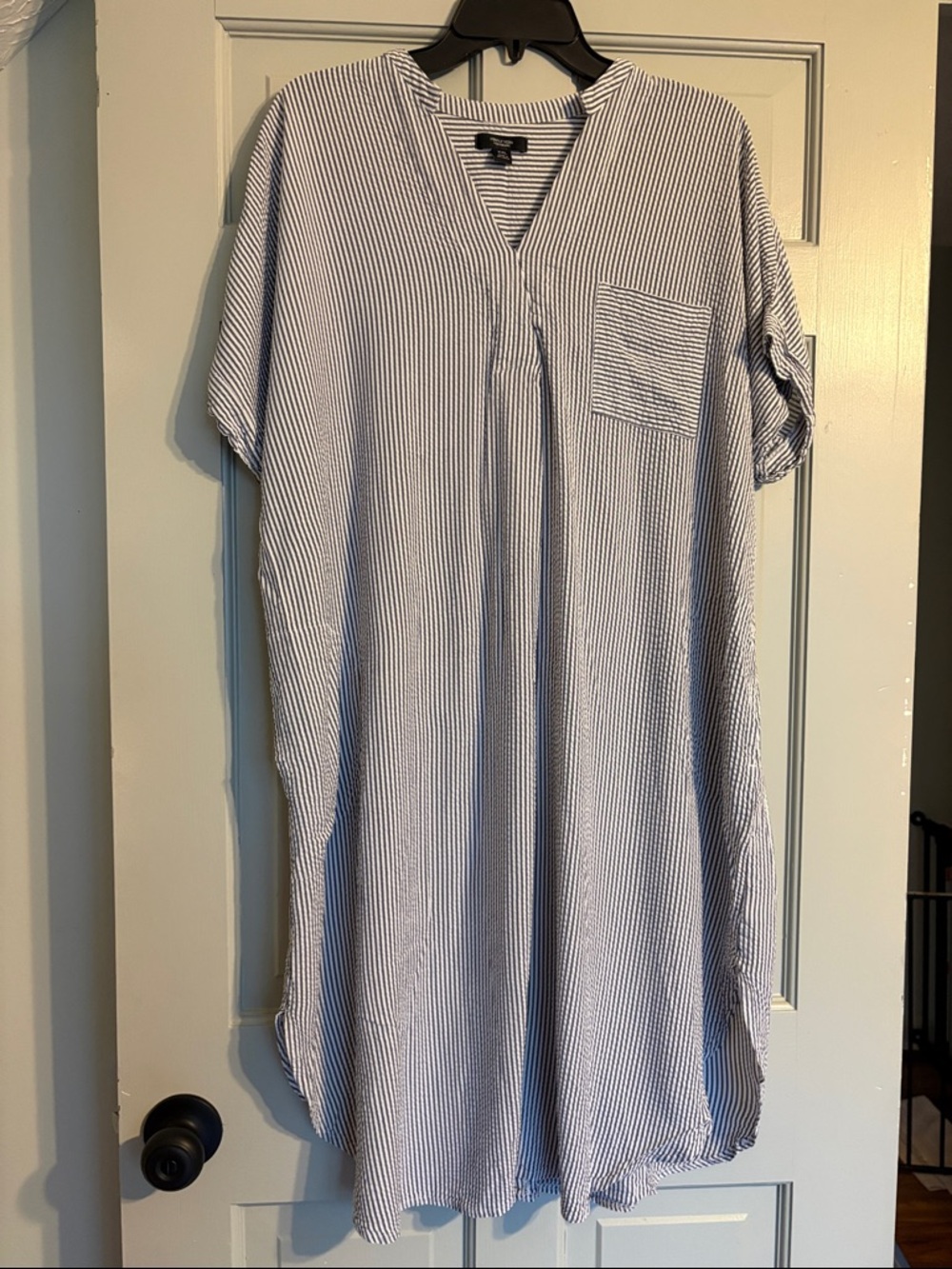 Vera Wang XXL Blue & White Seersucker V-Neck Tunic Dress with Front Pocket